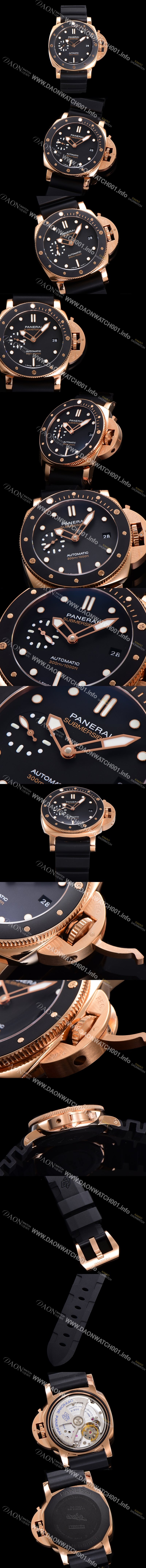 레플리카 [파네라이] 남성용 서브머시블 골드테크™ PAM02164 오토매틱 Cal P. 900 타입 42mm 18K 로즈골드 우레탄 블랙 다이얼 pan5209