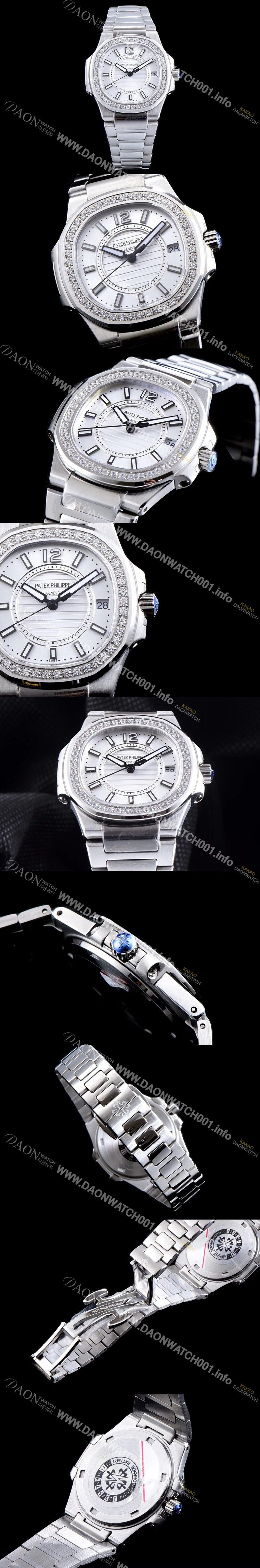 레플리카 [파텍필립] 여성용 노틸러스 7011/1G-001 하이엔드 최상급쥬얼 다이아몬드 베젤 화이트 텍스쳐 다이얼 브레이슬릿 스위스 정품 쿼츠 무브먼트 PAT0110