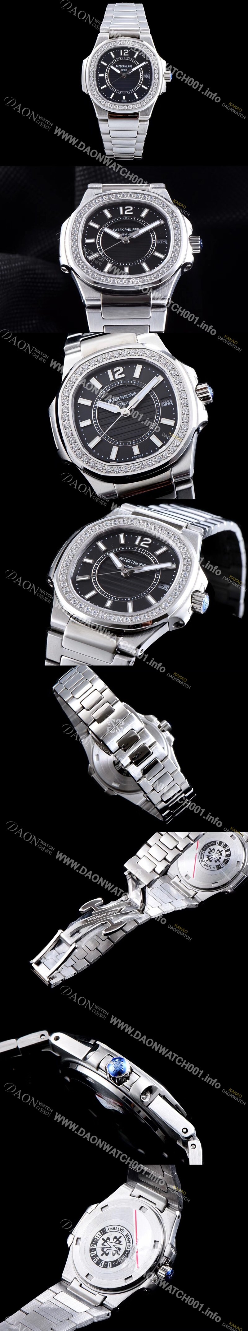 레플리카 [파텍필립] 여성용 노틸러스 7008/1A-010 하이엔드 최상급쥬얼 다이아몬드 베젤 블랙 텍스쳐 다이얼 브레이슬릿 스위스 정품 쿼츠 무브먼트 PAT0115
