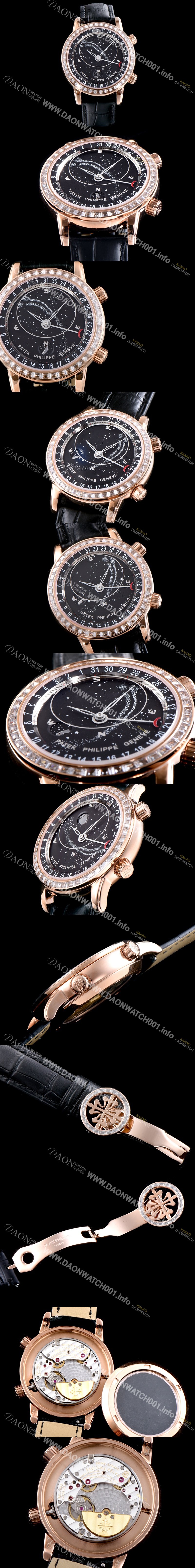 레플리카 [파텍필립] 남성용 그렌드 컴플리케이션 6104R-001 셀리스티얼 18K 로즈골드 최상급 다이아몬드 세팅 베젤 블랙 다이얼 오토매틱 무브먼트 PAT0135