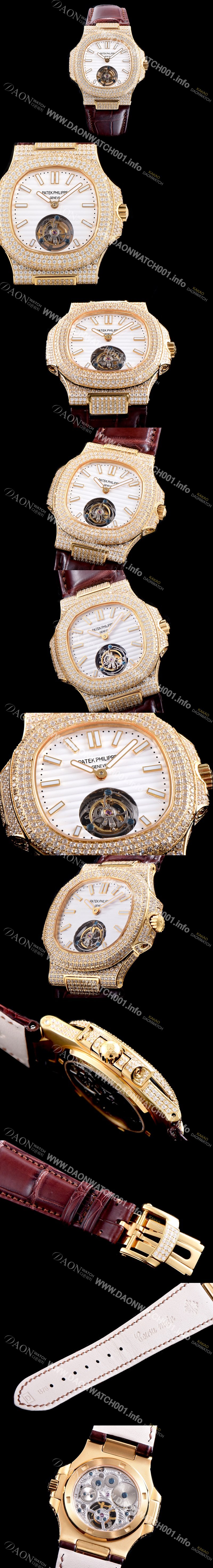 레플리카 [파텍필립] 남성용 노틸러스 뚜르비옹 18K 옐로우 골드 최상급쥬얼 다이아몬드 풀 세팅 케이스 화이트 텍스쳐 다이얼 아시안 투어빌론 탑재 PAT0100