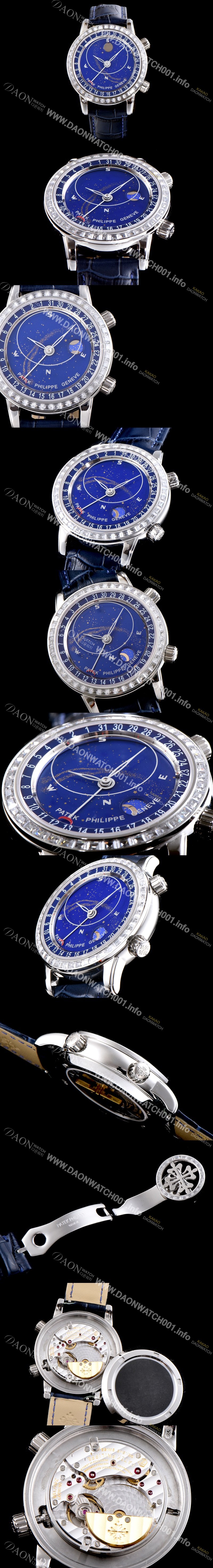레플리카 [파텍필립] 남성용 셀리스티얼 스카이 차트 그렌드 컴플리케이션 5102PR 워치 업!! 바게크 컷 다이아몬드 베젤 블루 천체 다이얼 문페이즈 셀프 와인딩 칼리버 240 LU CL C 무브먼트 PAT0115