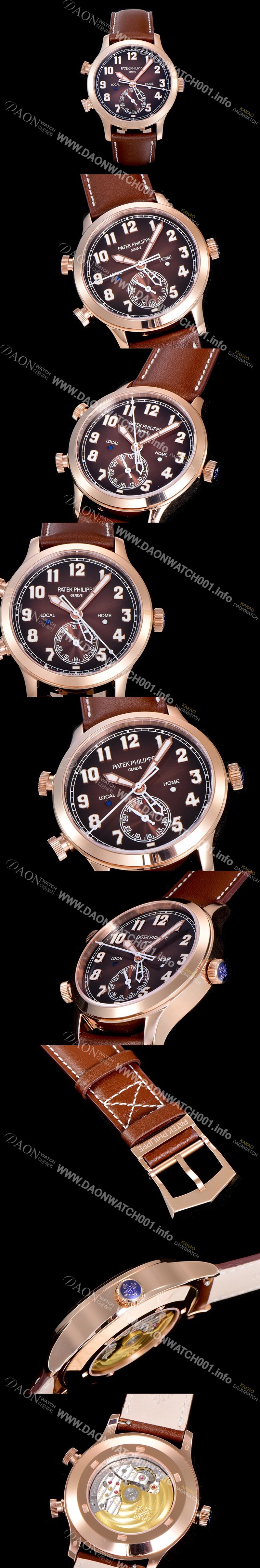 레플리카 [파텍필립]남성용 컴플리케이션 칼라트라바 파일럿 트레블 타임 42mm 브라운다이얼 PAT34340