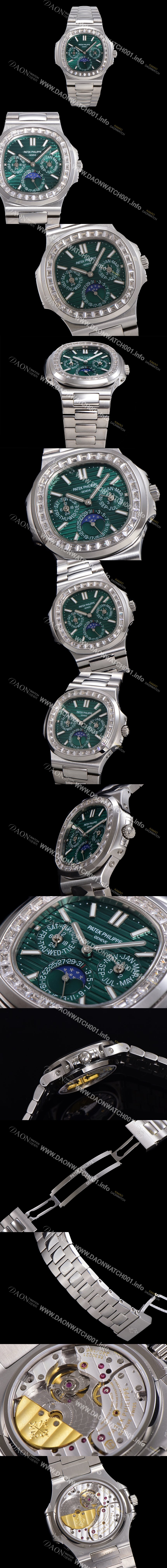 레플리카 [파텍필립] 남성용 Ref.5740 노틸러스 문페이즈 오토매틱 Cal.240 Q타입 40mm 다이아몬드/쥬얼 메탈줄  그린다이얼 pat1215