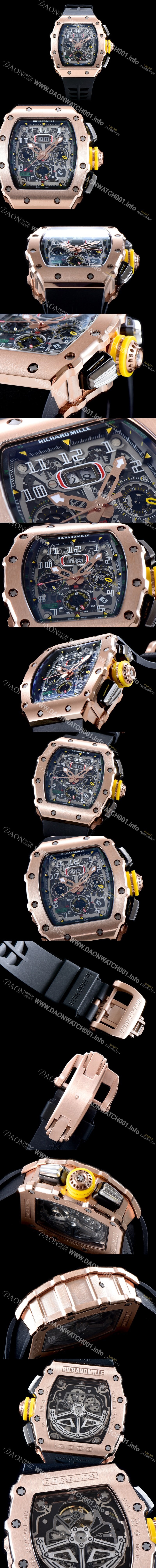 레플리카 [리차드밀레] 남성용 오토매틱 플라이백 RM11-03RG 오버사이즈 데이트 크로노그래프 고급스러운 18K 로즈골드 스켈레톤 다이얼 오토매틱 무브먼트 RIC0410