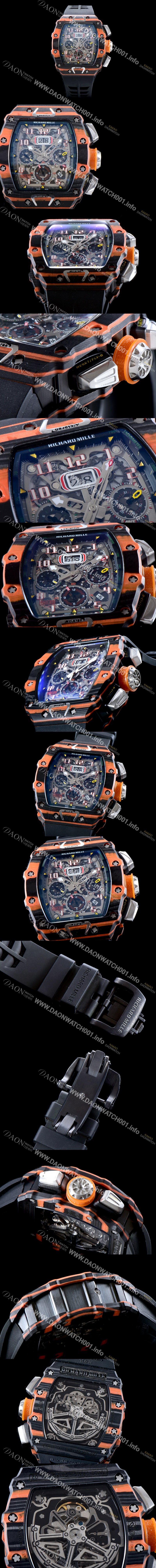 레플리카 [리차드밀레] 남성용 리차드 밀 RM11-03 오토매틱 플라이백 크로노그래프레드 맥라렌!! 오렌지&카본 TPT 오버사이즈 데이트 스켈레톤 다이얼 오토매틱 무브먼트 RIC0202