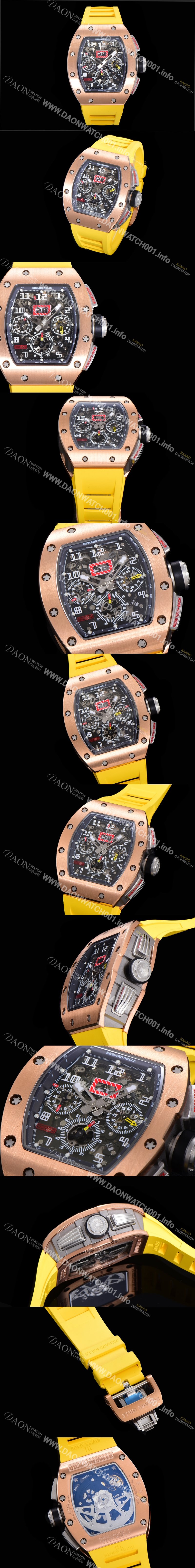 레플리카 [리차드밀레] 남성용 RM11 크로노그래프 오토매틱 18K 로즈골드 50미리 스켈래톤 블랙다이얼 RIC08720