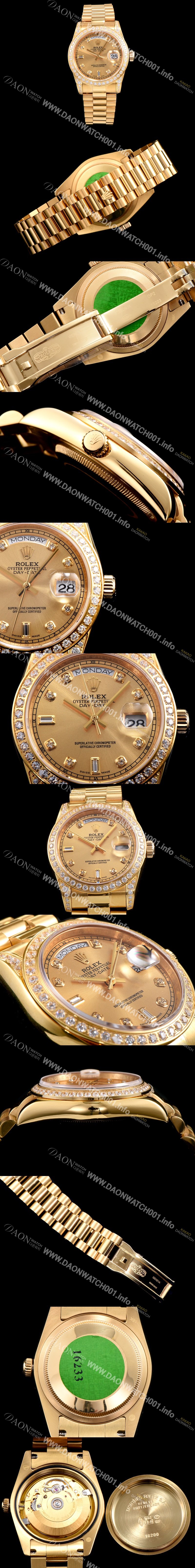 레플리카 [로렉스] 남성용 오이스터 퍼페츄얼 118348 데이데이트 최상급쥬얼 다이아몬드 세팅 18K 옐로우 골드 브레이슬릿 오토매틱 무브먼트 ROL0300