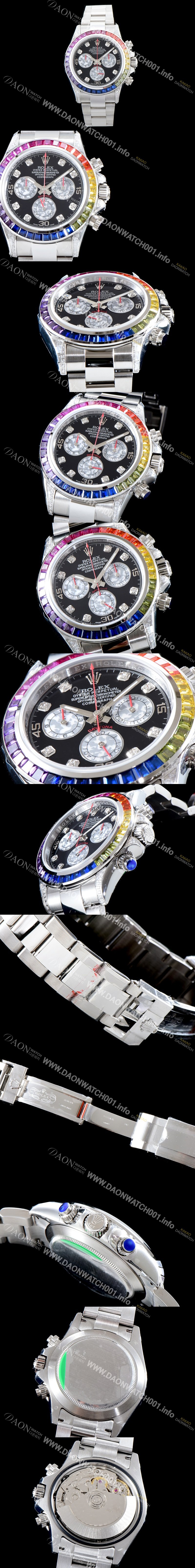 레플리카 [로렉스] 남성용 904L스틸 업!! 데이토나 116599 레인보우 무지개 컬러 바게크 컷 사파이어 36개 세팅 베젤 블랙 다이얼 오이스터 브레이슬릿 7750B-2 오토매틱 무브먼트 ROL0050