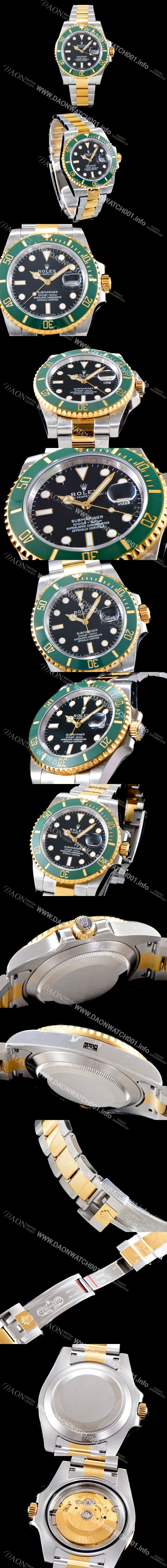 레플리카 [로렉스] 남성용 New 업그레이드형!! 서브마리너 116613-LN-97203 데이트 투톤콤비 그린 세라믹 베젤UP!! 고급스러운 18K 옐로우골드 콤비 블랙 다이얼 브레이슬릿 오토매틱 무브먼트 ROL0534