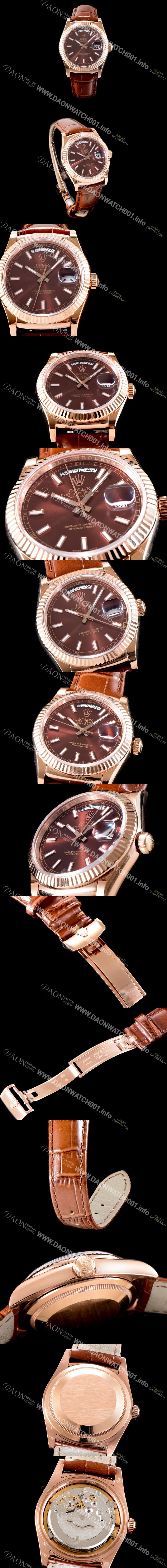 레플리카 [로렉스] 남성용 추가업데이트 데이데이트 18K 로즈골드 케이스 36MM 브라운 썬더스트 다이얼 UP!! 크로노미터 플루티드 베젤 오토매틱 무브먼트 ROL0530