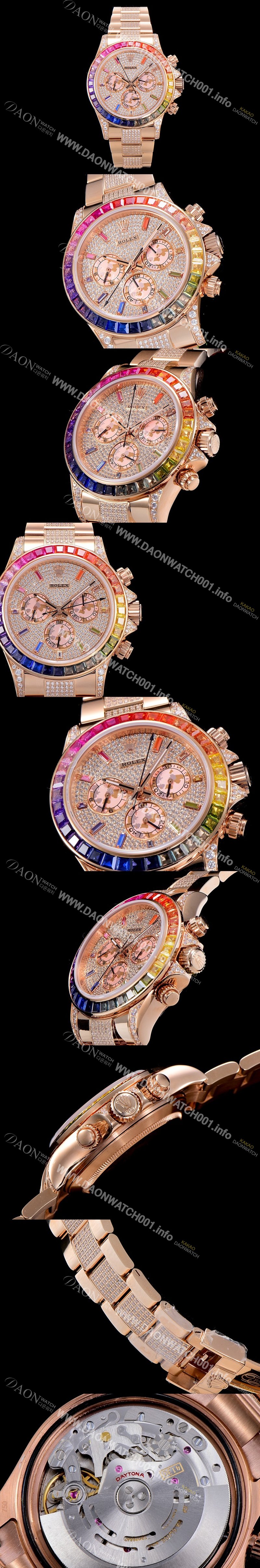 레플리카 [로렉스]남성용 데이토나 오이스터 라인보우 와치 보석/큐빅 세팅 4130타입 무브튜닝 40mm 올금/통금 로즈골드 블랙 다이얼 ROL87026