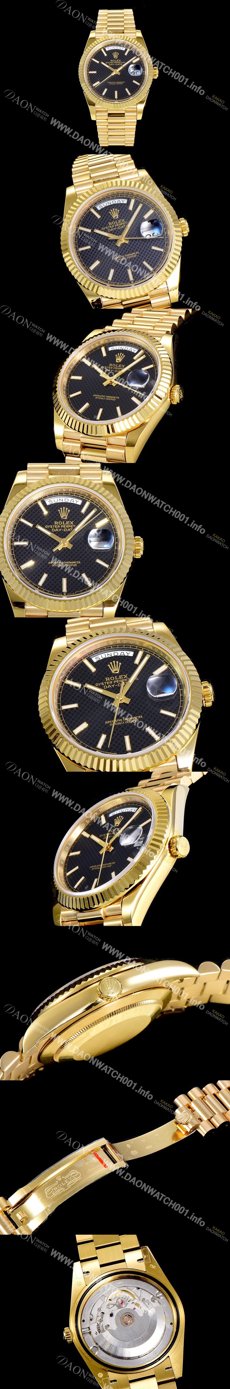 레플리카 [로렉스] 남성용 데이데이트 오토매틱 옐루골드 올금 금장시계 이티애이 2836-2 40미리 블랙다이얼 3열 브레이슬릿 ROL79477