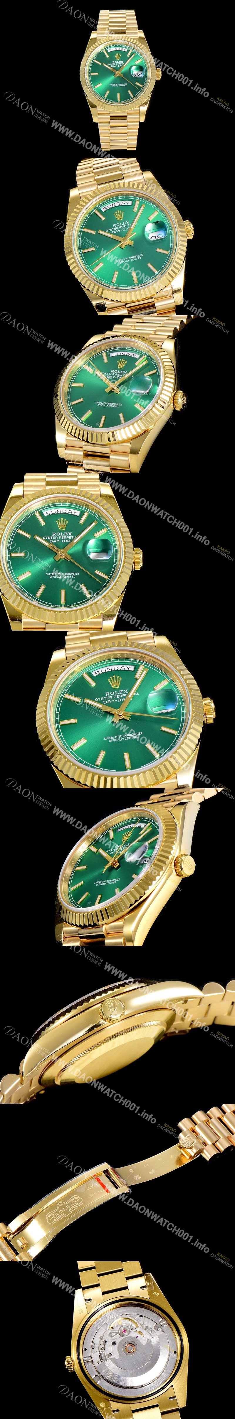 레플리카 [로렉스] 남성용 데이데이트 오토매틱 옐루골드 올금 금장시계 이티애이 2836-2 40미리 그린다이얼 3열 브레이슬릿 ROL79495