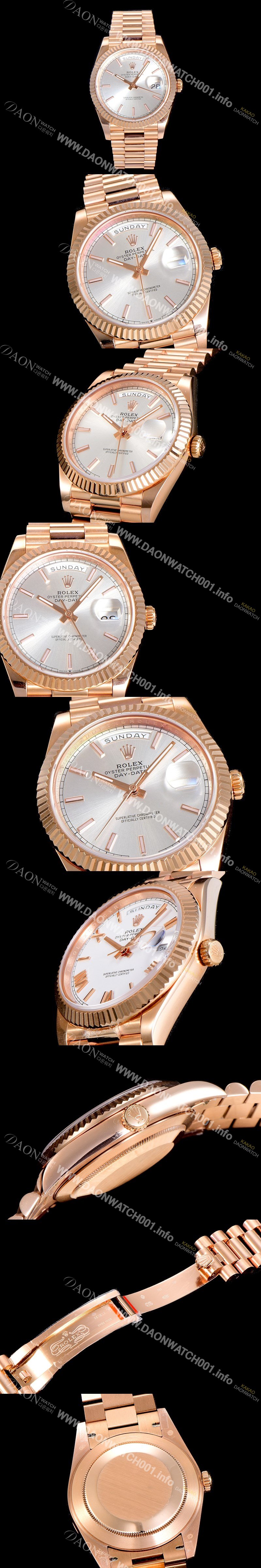 레플리카 [로렉스] 남성용 데이데이트 오토매틱 로즈골드 올금 금장시계 이티애이 2836-2 40미리 화이트 실버다이얼 3열 브레이슬릿 ROL79541
