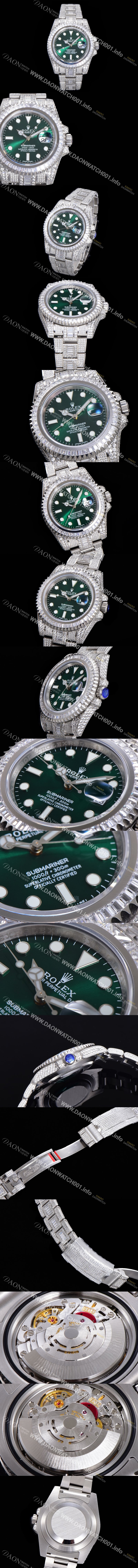 레플리카 [로렉스] 남성용 서브마리너 풀 다이아몬드 셋팅 오토매틱 Cal.3135 무브 40mm 그린다이얼 rol9511