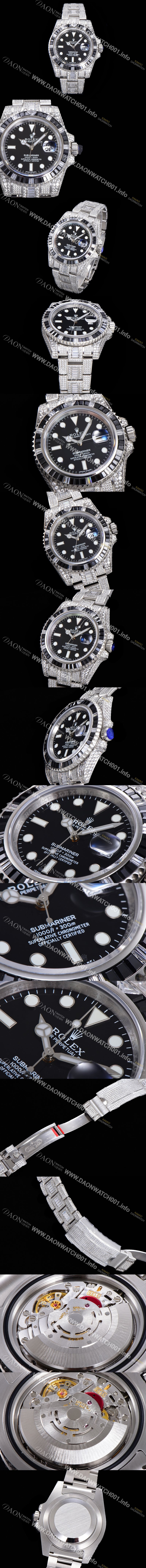 레플리카 [로렉스] 남성용 서브마리너 풀 다이아몬드 셋팅 오토매틱 Cal.3135 무브 40mm 블랙다이얼 rol5113