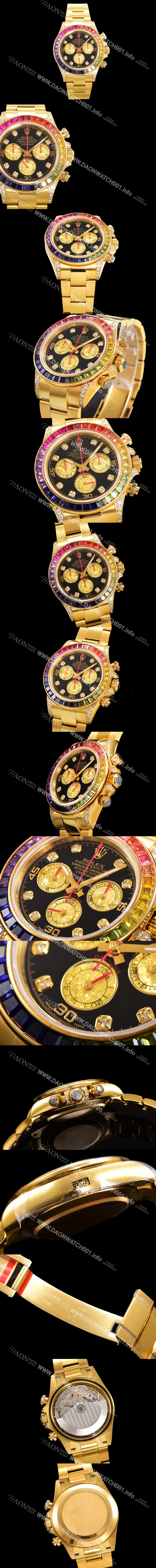 레플리카 [로렉스] 남성용 데이토나 오이스터 다이아/큐빅 ETA7750-2 타입 오토매틱 크로노그래프 40mm 18K 옐루골드 블랙다이얼  rol0986