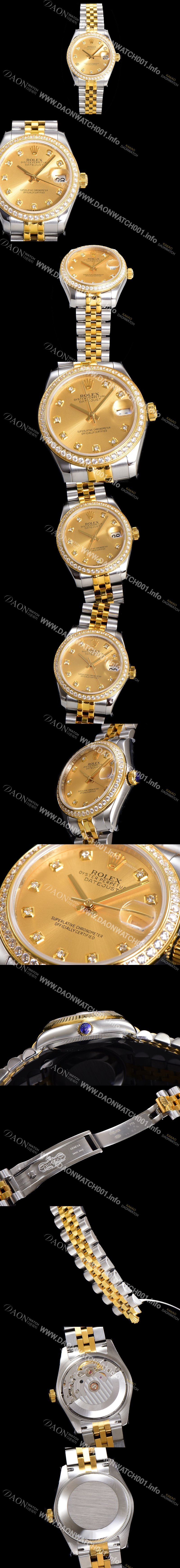 레플리카 [로렉스] 여성용 데이져스트 오이스터 31mm 레이디 오토매틱  18K 엘루골드 투톤콤비 보석/다이아몬드 5열 브레이슬릿 메탈줄 골드다이얼 rol83527