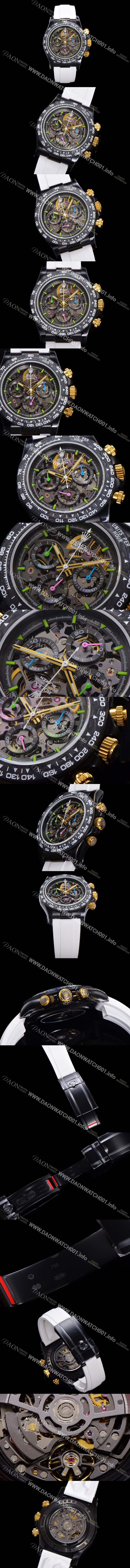 레플리카 [로렉스]남성용 데이토나 카본 베젤 40mm 크로노그래프 오토매틱 Cal.4130 무브먼트 스켈레톤 다이얼 rol5373