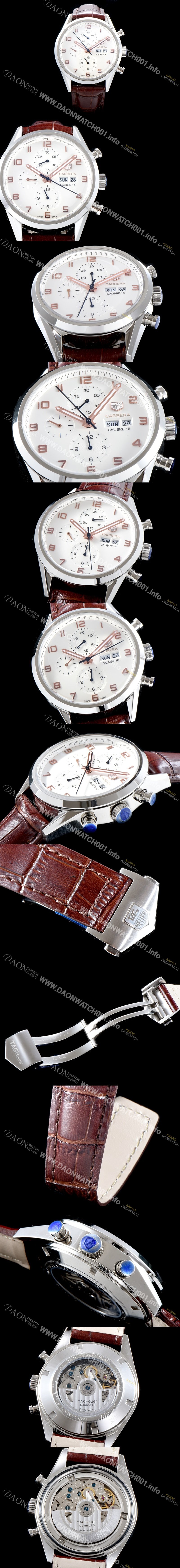 레플리카 [태그호이어] 남성용 까레라 칼리버 16 오토매틱 크로노그래프Day-Date 화이트 다이얼 TAG0100