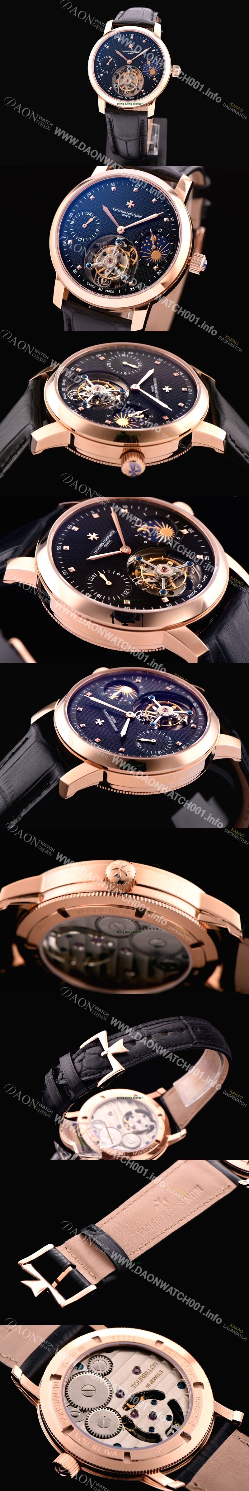 레플리카 [바쉐론콘스탄틴] 남성용 최고의 디테일!! 패트리모니 투어빌론 & GMT 문페이즈 고급스러운 18K 로즈골드 블랙 텍스쳐드 다이얼 아시안 투어빌론 탑재 무브먼트 VAC0220