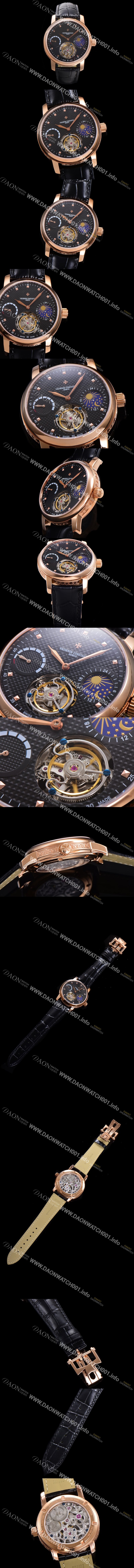 레플리카 [바쉐런콘스탄틴]남성용 트레디셔널 투어빌론 오토매틱 문페이즈 44mm 18K 로즈골드 가죽줄 블랙다이얼 vac15690